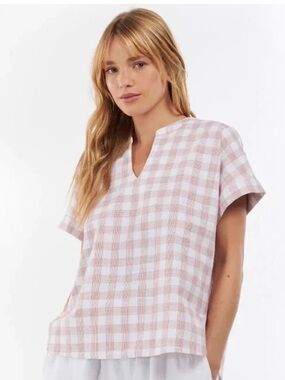 Barbour Stoneleigh White Check Relaxed Fit Gingham V-Neck Women's Top